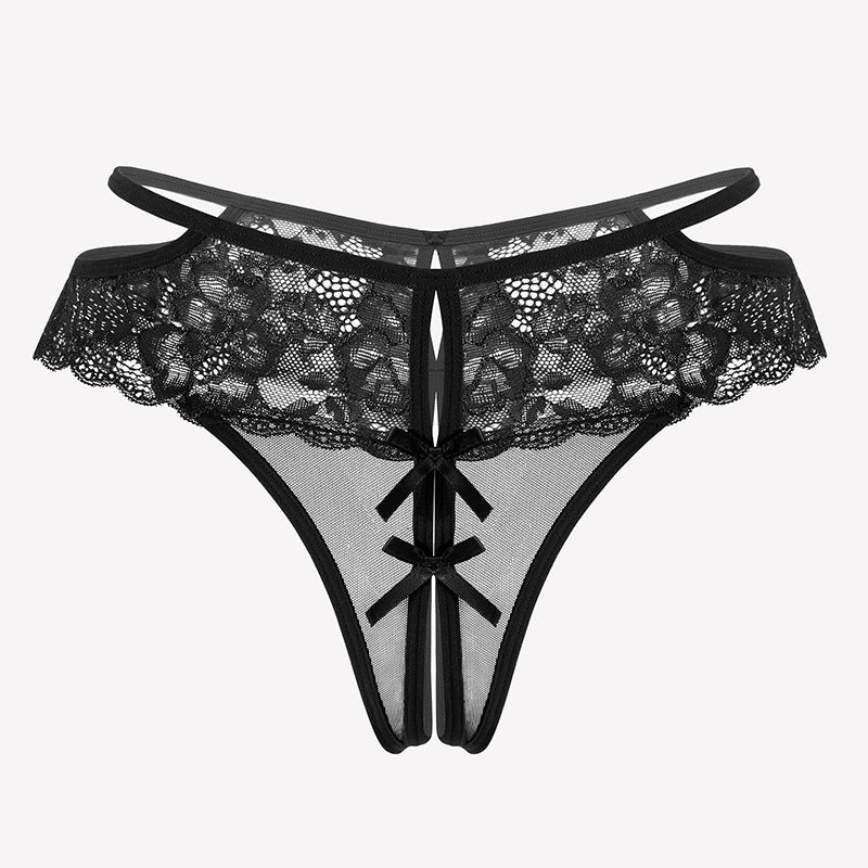 Black lace cheeky mesh thong with floral lace, bows, and belt design for romantic nights.