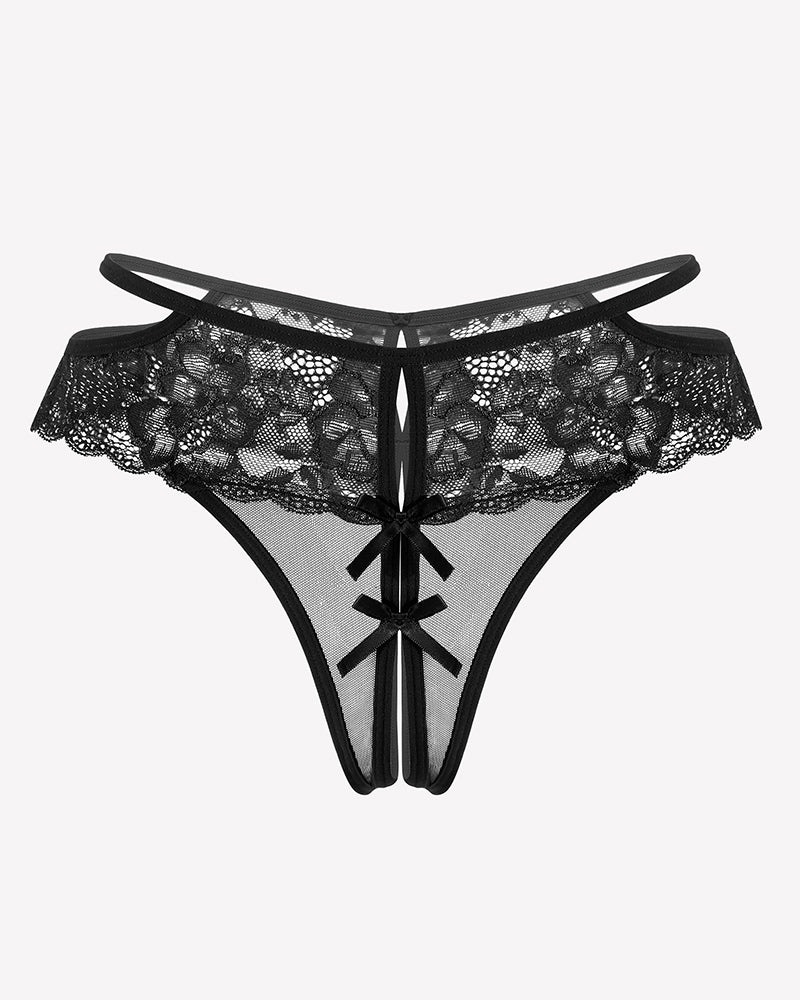 Black lace cheeky mesh thong with floral lace, bows, and belt design for romantic nights.