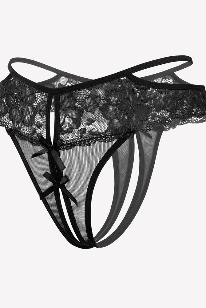 Black lace cheeky mesh thong with floral lace, bows, and belt design for seductive nights.