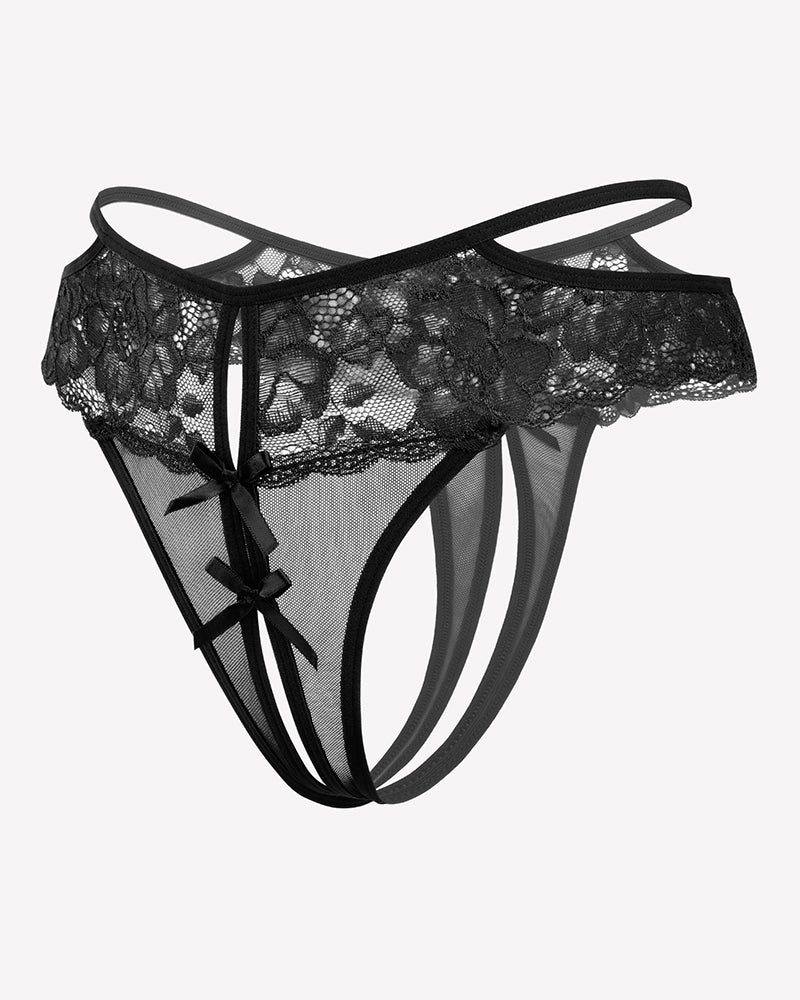 Black lace cheeky mesh thong with floral lace, bows, and belt design for seductive nights.