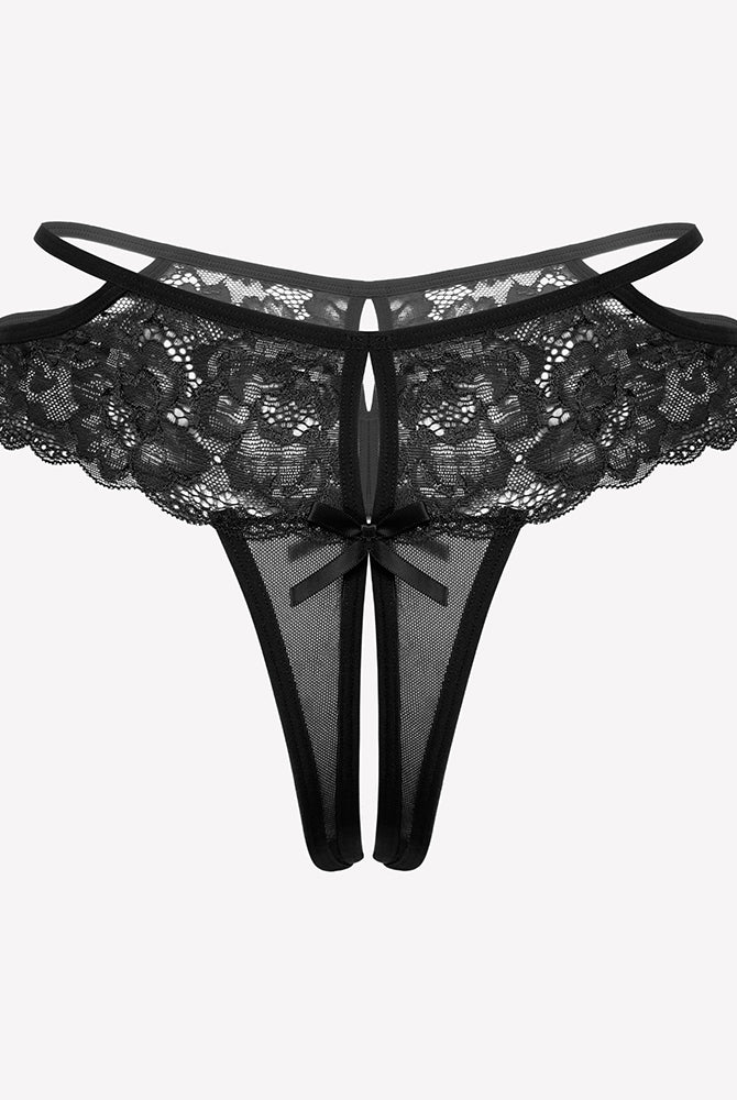 Black lace cheeky mesh thong with floral lace and bow details for seductive nights.