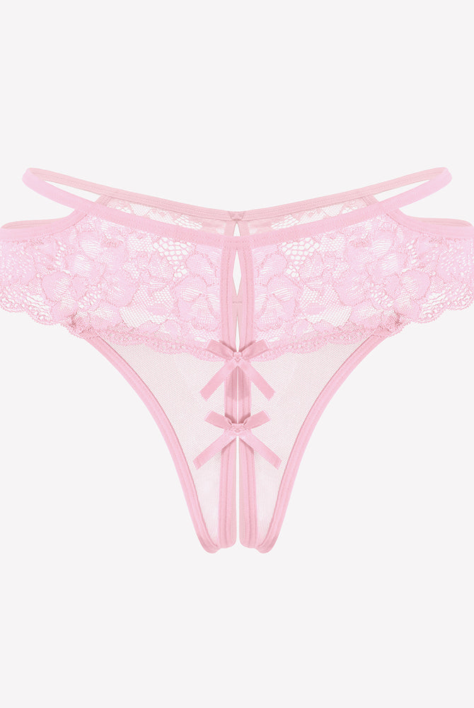 Pink lace cheeky mesh thong with floral lace, bows, and open crotch design for romantic nights.