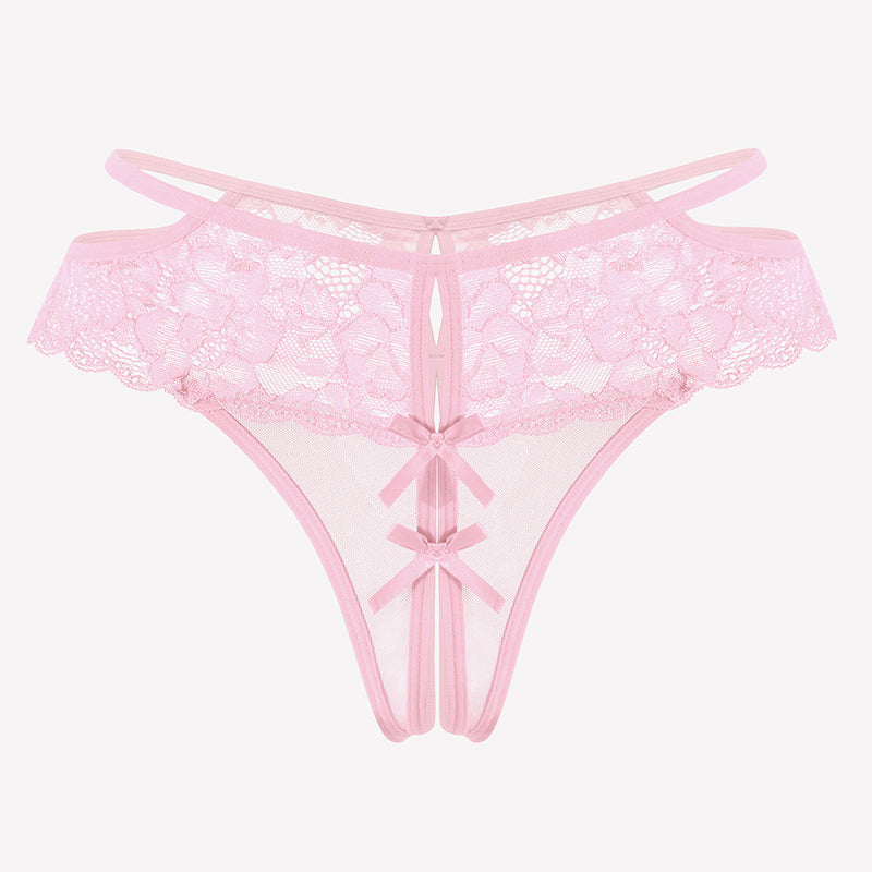 Pink lace cheeky mesh thong with floral lace, bows, and open crotch design for romantic nights.