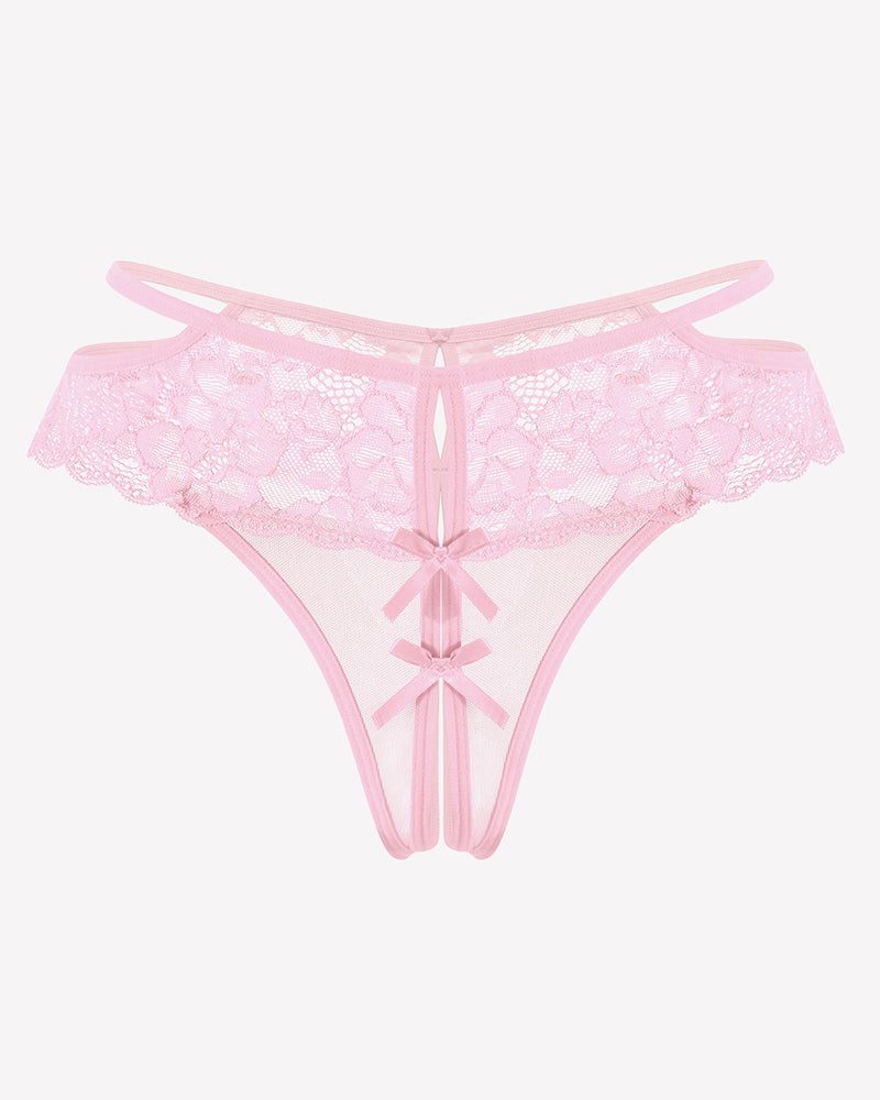 Pink lace cheeky mesh thong with floral lace, bows, and open crotch design for romantic nights.