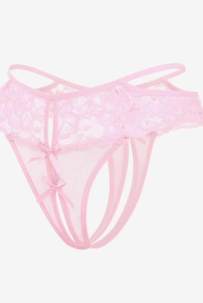 Pink lace cheeky mesh thong with floral lace, bows, and open crotch design.