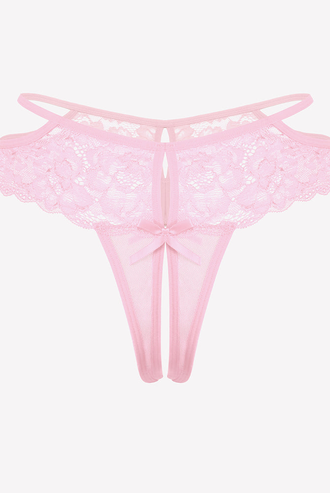Pink lace cheeky mesh thong with floral lace, bows, and open crotch design