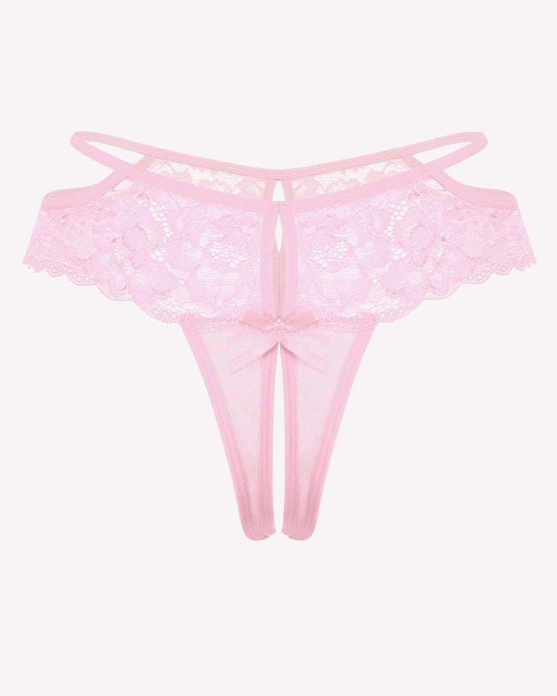 Pink lace cheeky mesh thong with floral lace, bows, and open crotch design