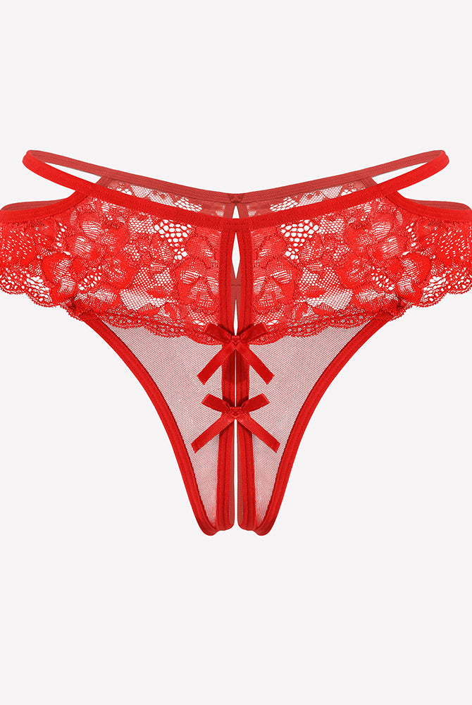 Red lace cheeky mesh thong with floral lace, bows, and open crotch design for romantic nights