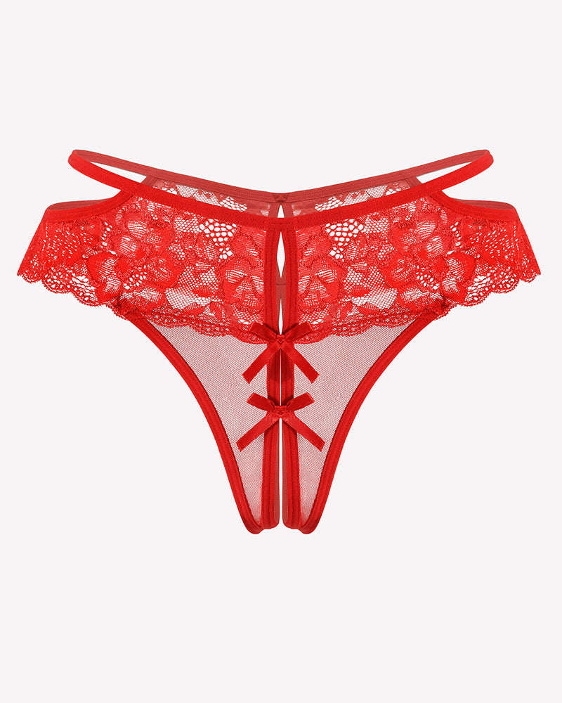 Red lace cheeky mesh thong with floral lace, bows, and open crotch design for romantic nights