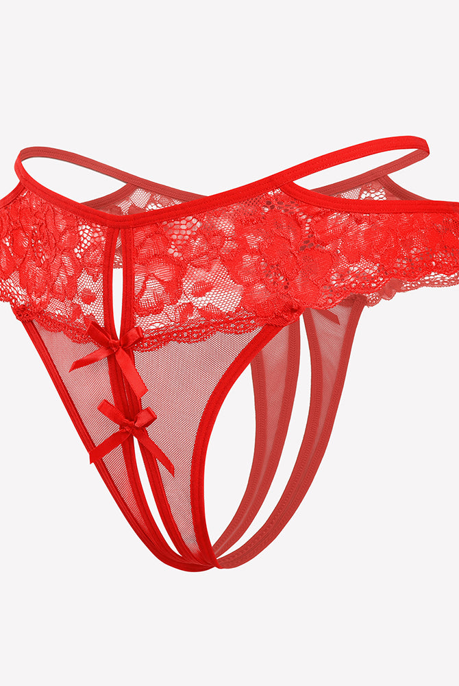 Red lace cheeky mesh thong with floral lace, bows, and open crotch design for romantic nights.