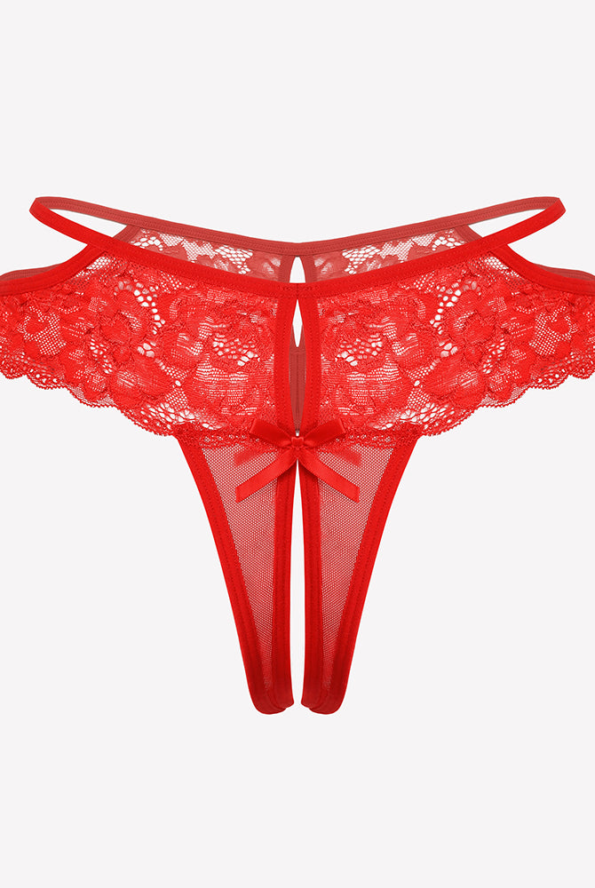 Red floral lace cheeky mesh thong with bow and open crotch design for seductive nights