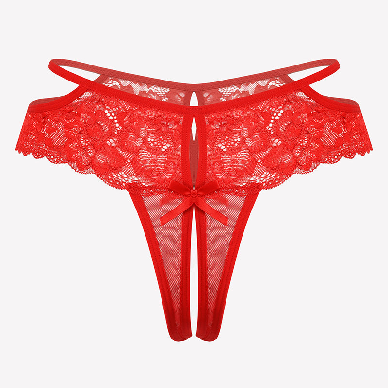 Red floral lace cheeky mesh thong with bow and open crotch design for seductive nights