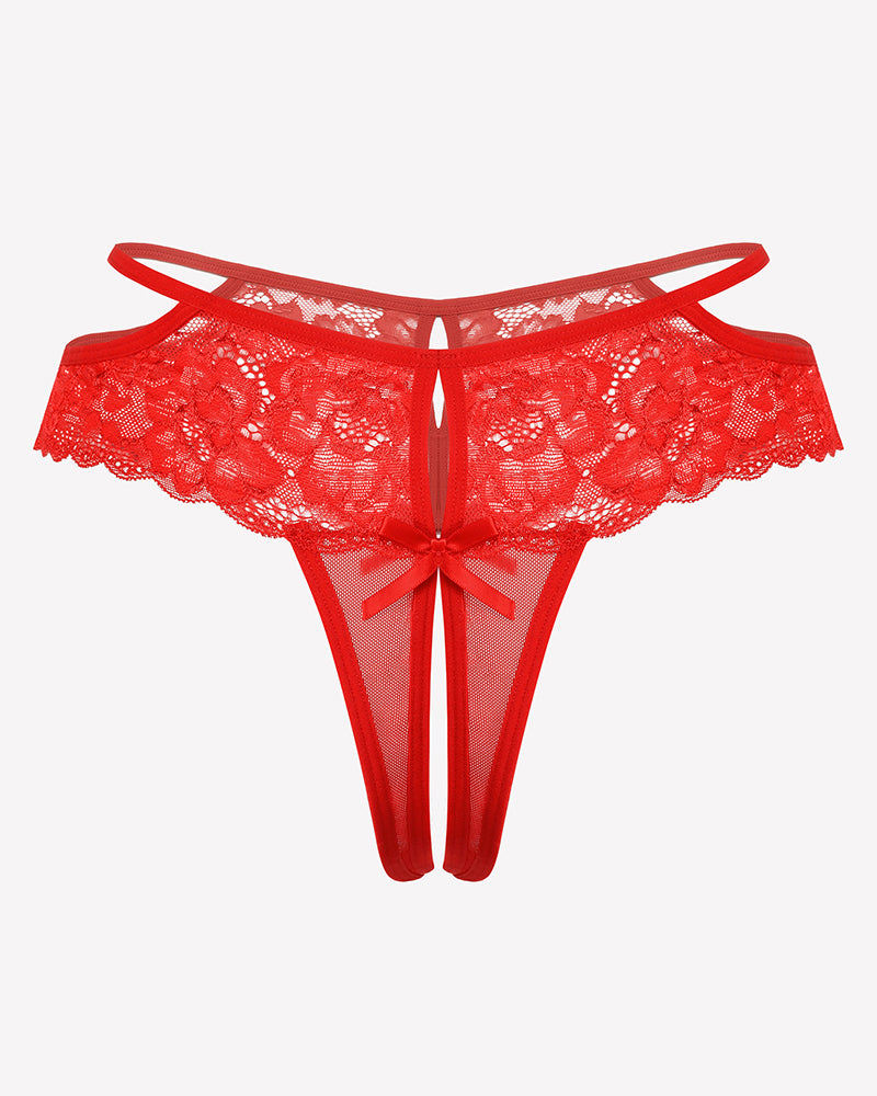 Red floral lace cheeky mesh thong with bow and open crotch design for seductive nights