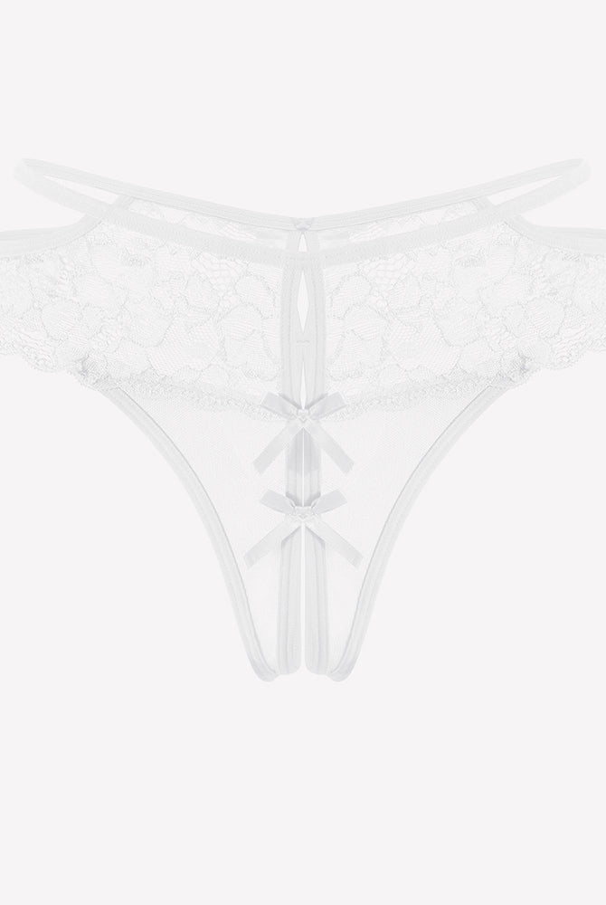 White lace cheeky mesh thong with floral lace, bows, and open crotch design for romantic nights