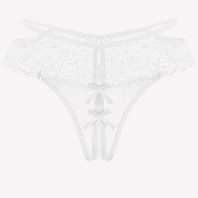 White lace cheeky mesh thong with floral lace, bows, and open crotch design for romantic nights