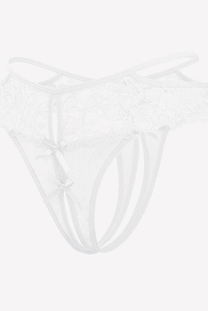 Avidlove white floral lace cheeky mesh thong with bow details and open crotch