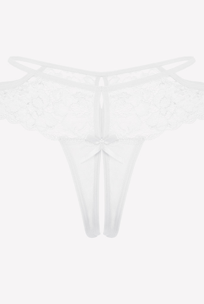 White lace cheeky mesh thong with floral lace, bow, and open crotch design for romantic nights