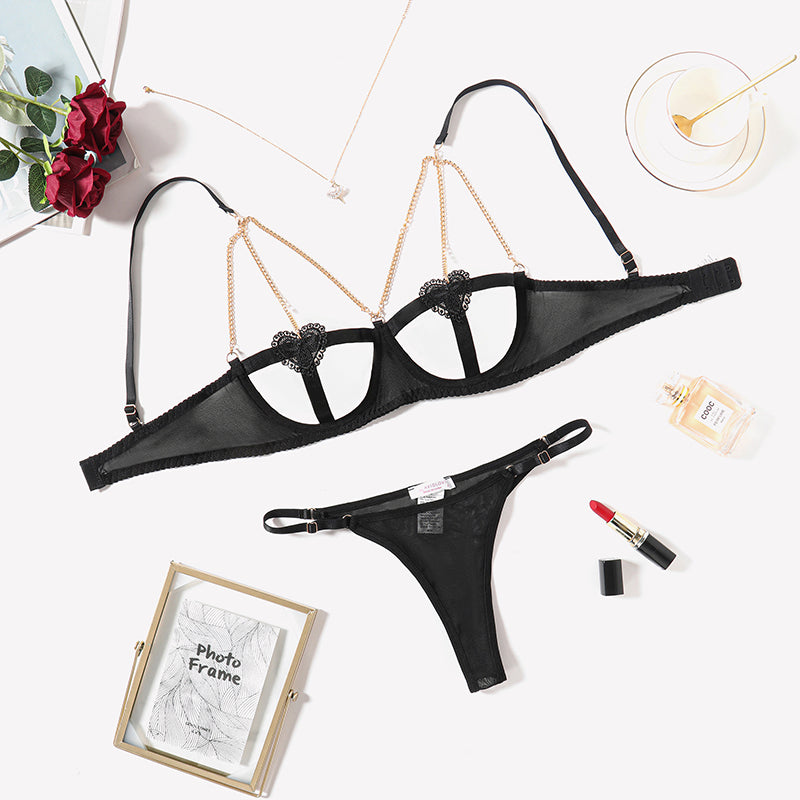 Black Chain Heart Cutout Lingerie Set with gold chain details, ideal for romantic nights.