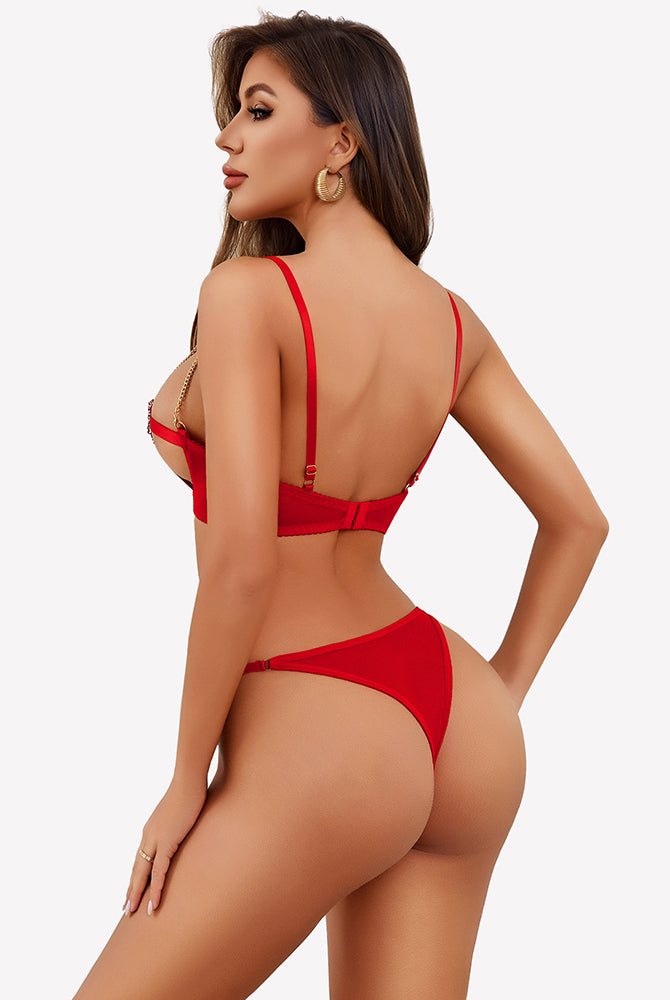 Red Chain Heart Cutout Bra and Panty Set - Perfect for Romantic Nights