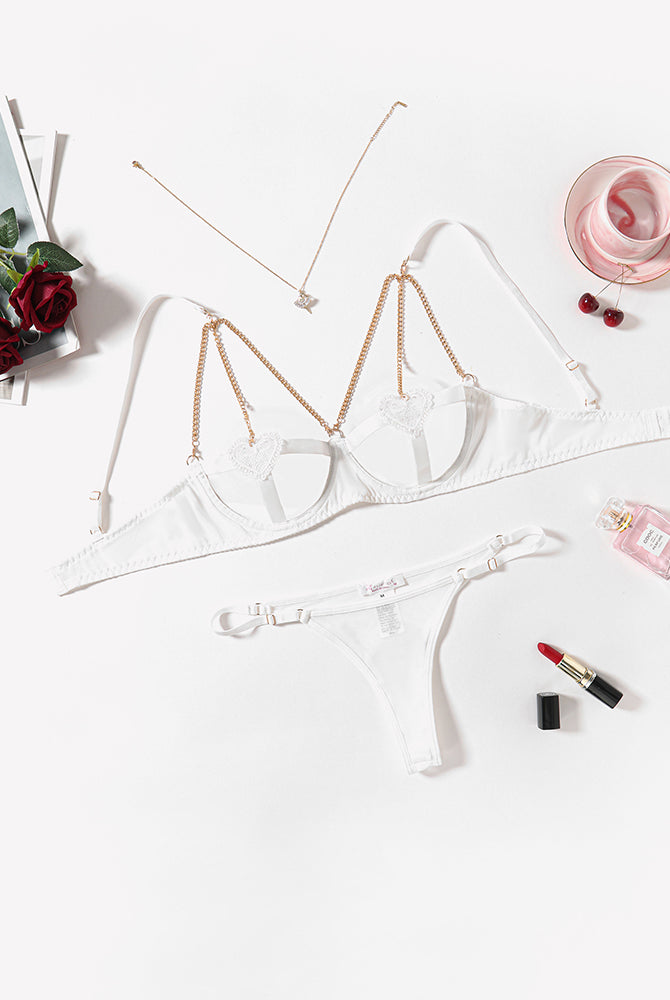 White chain heart cutout lingerie set with gold chain details, perfect for romantic nights