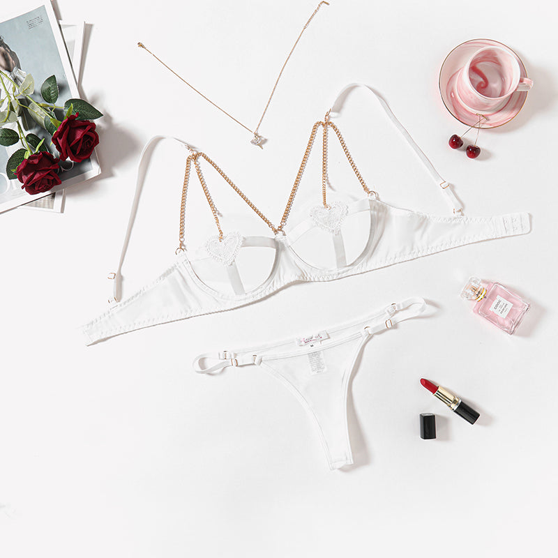 White chain heart cutout lingerie set with gold chain details, perfect for romantic nights