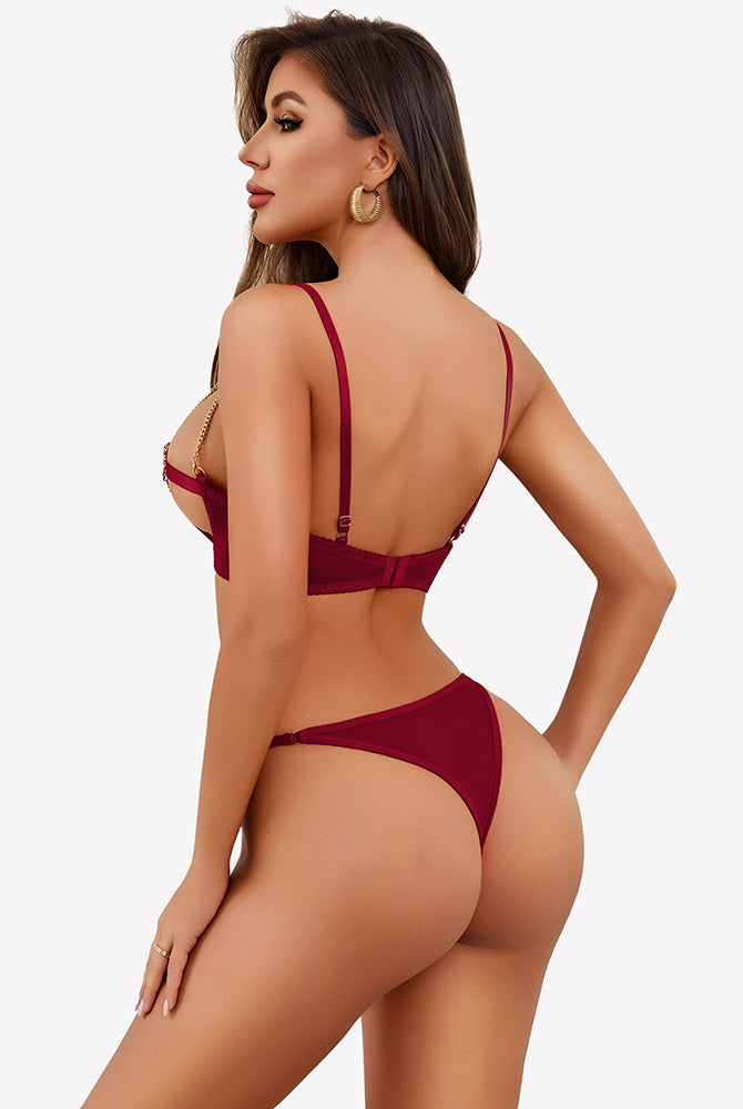 Burgundy Chain Heart Cutout Bra and Panty Set. Perfect for Valentine's Day or romantic nights.