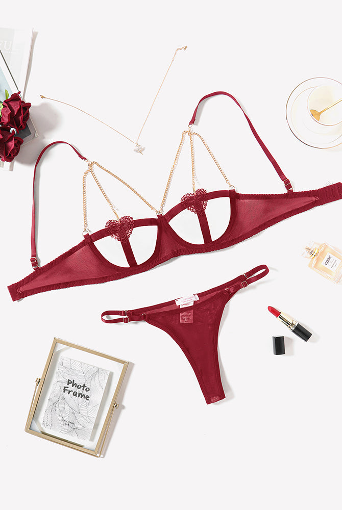 Burgundy Chain Heart Cutout Bra and Panty Set with Gold Chain Details - Romantic Lingerie