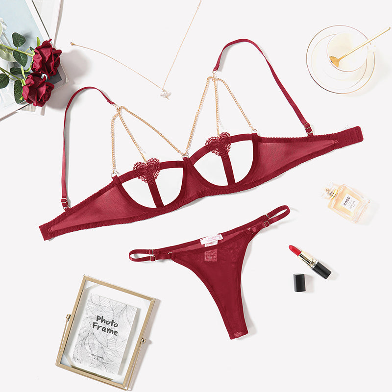 Burgundy Chain Heart Cutout Bra and Panty Set with Gold Chain Details - Romantic Lingerie