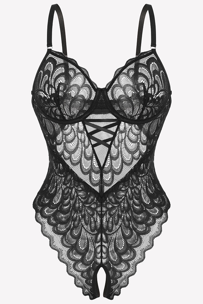 Lace deep V teddy crotchless bodysuit with adjustable straps, black lingerie.