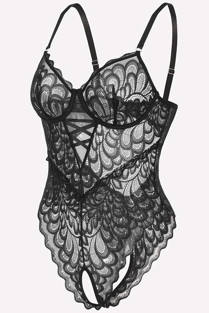 Black lace deep V teddy crotchless bodysuit, adjustable straps, floral lace details, black lingerie