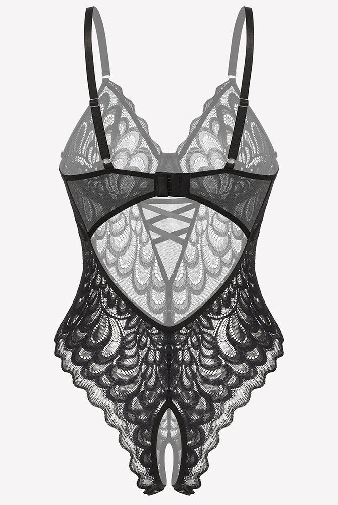 Black lace deep V teddy crotchless bodysuit, adjustable straps, lace, crotchless