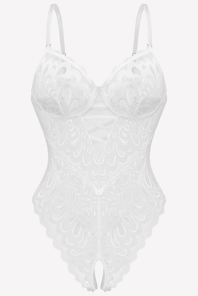 White lace teddy crotchless bodysuit with adjustable straps and floral lace details