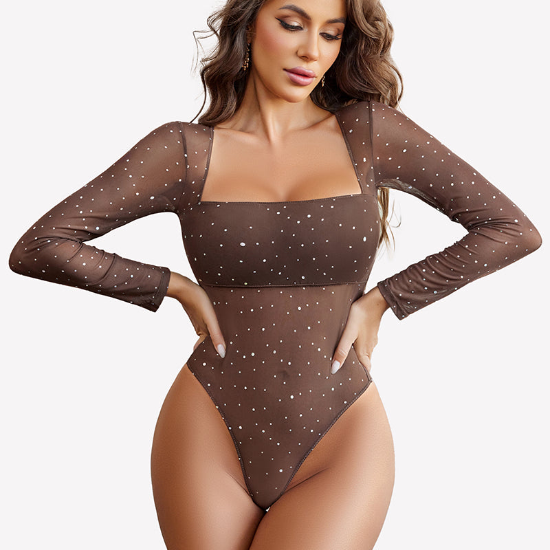 Long Sleeve Rhinestone Mesh Bodysuits