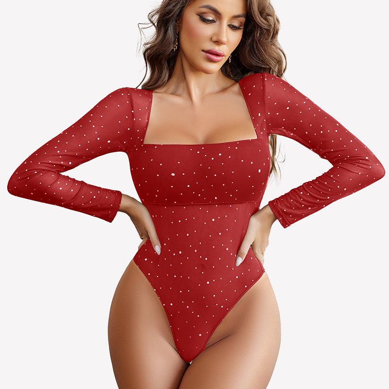 Long Sleeve Rhinestone Mesh Bodysuits