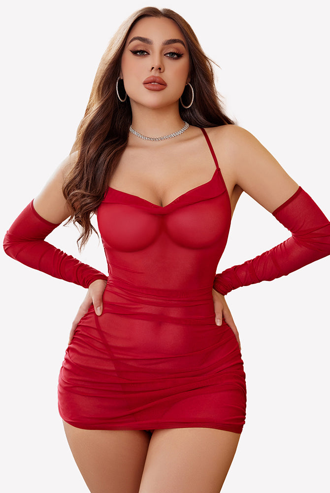 Red sheer mesh lingerie dress with sleeves. Sexy lingerie with cowl neck and backless design.