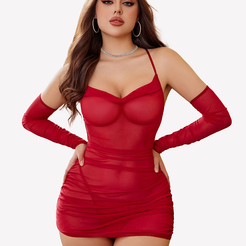 Red sheer mesh lingerie dress with sleeves. Sexy lingerie with cowl neck and backless design.