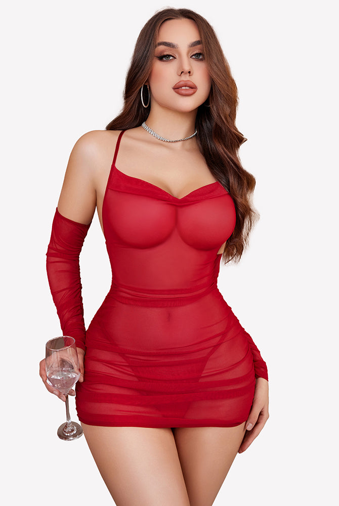 Red sheer mesh lingerie dress with sleeves. Sexy lingerie with cowl neck and bodycon fit.