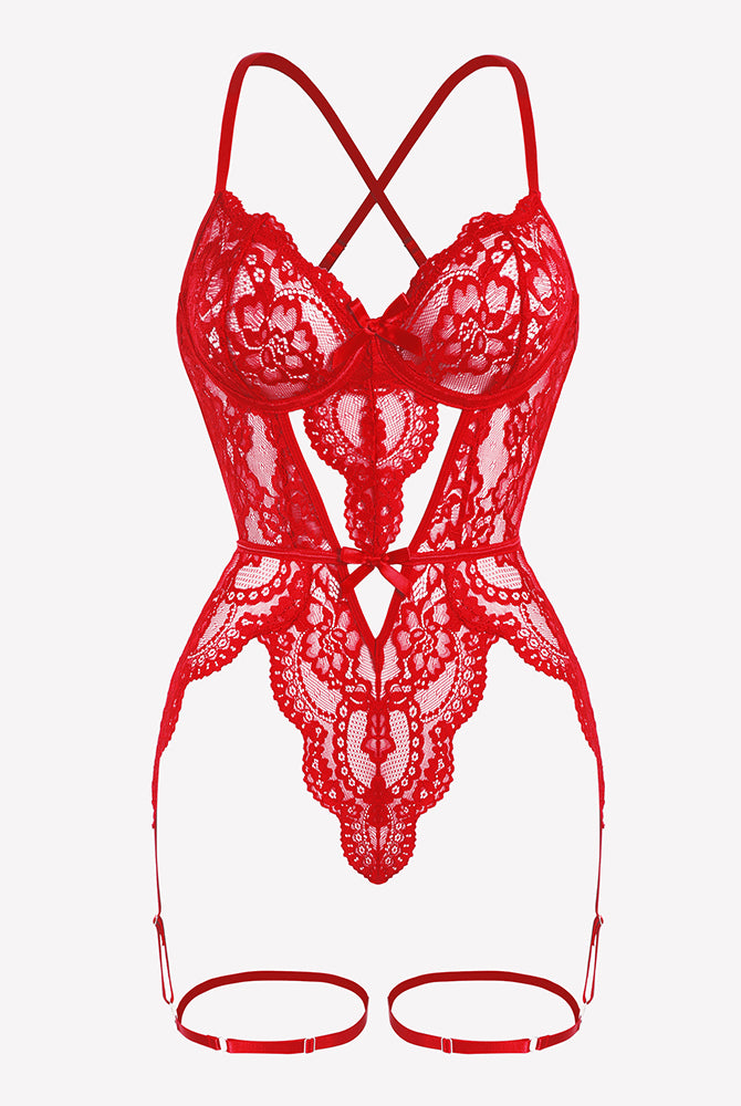 Red lace teddy babydoll with deep V-neck, cross-back, and cut-out design for romantic nights