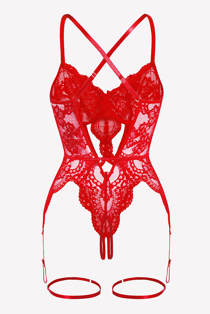 Red lace teddy babydoll with cross-back straps and cut-out design, perfect for romantic nights
