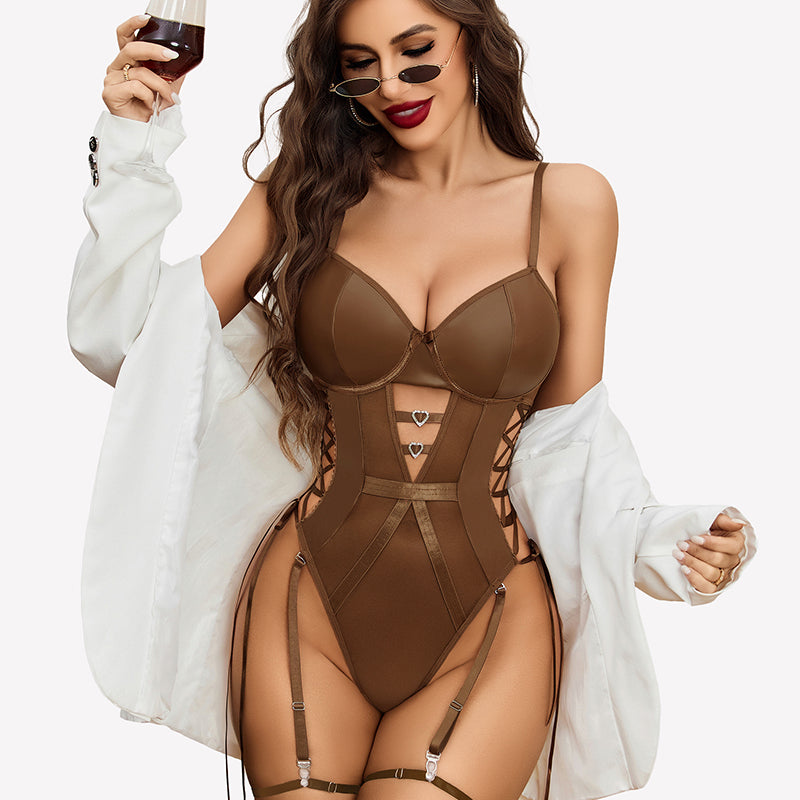 Leather Teddy Mesh Garter Belt Set