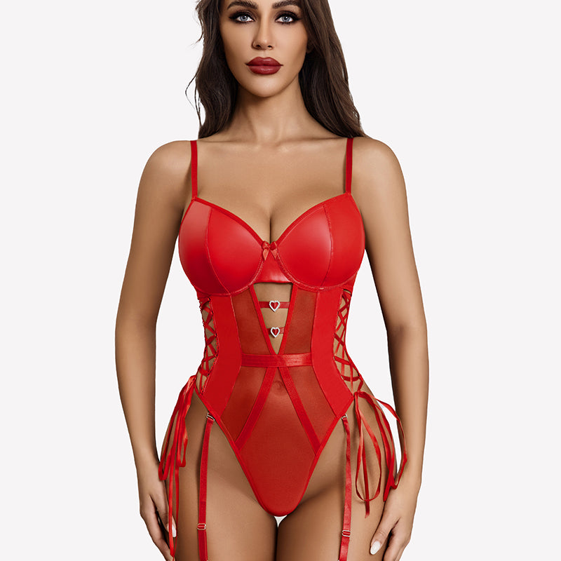 Leather Teddy Mesh Garter Belt Set