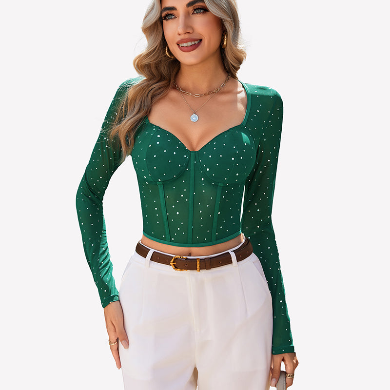Langärmliges Crop-Top mit Strass