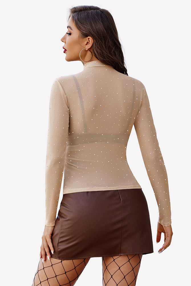 Mesh rhinestone sheer top with long sleeves, paired with a brown skirt, perfect for a party outfit