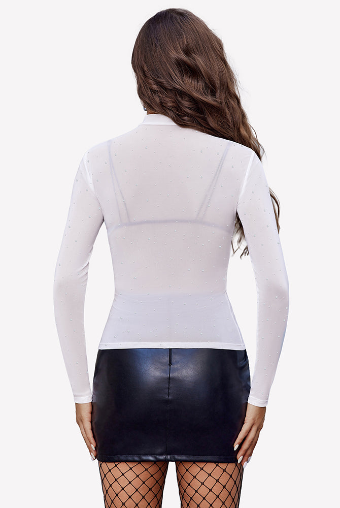 White mesh rhinestone sheer top with long sleeves and black leather skirt - party outfit