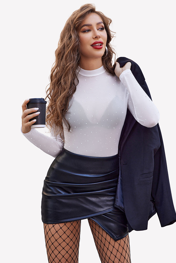 Mesh rhinestone sheer top, black leather skirt, party outfit, long sleeve, round neck