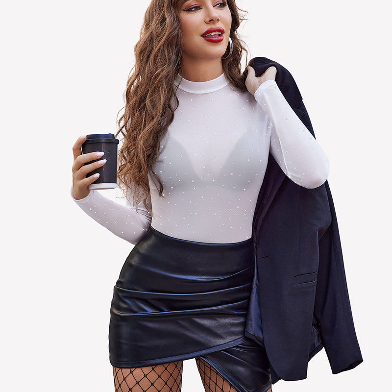 Mesh rhinestone sheer top, black leather skirt, party outfit, long sleeve, round neck