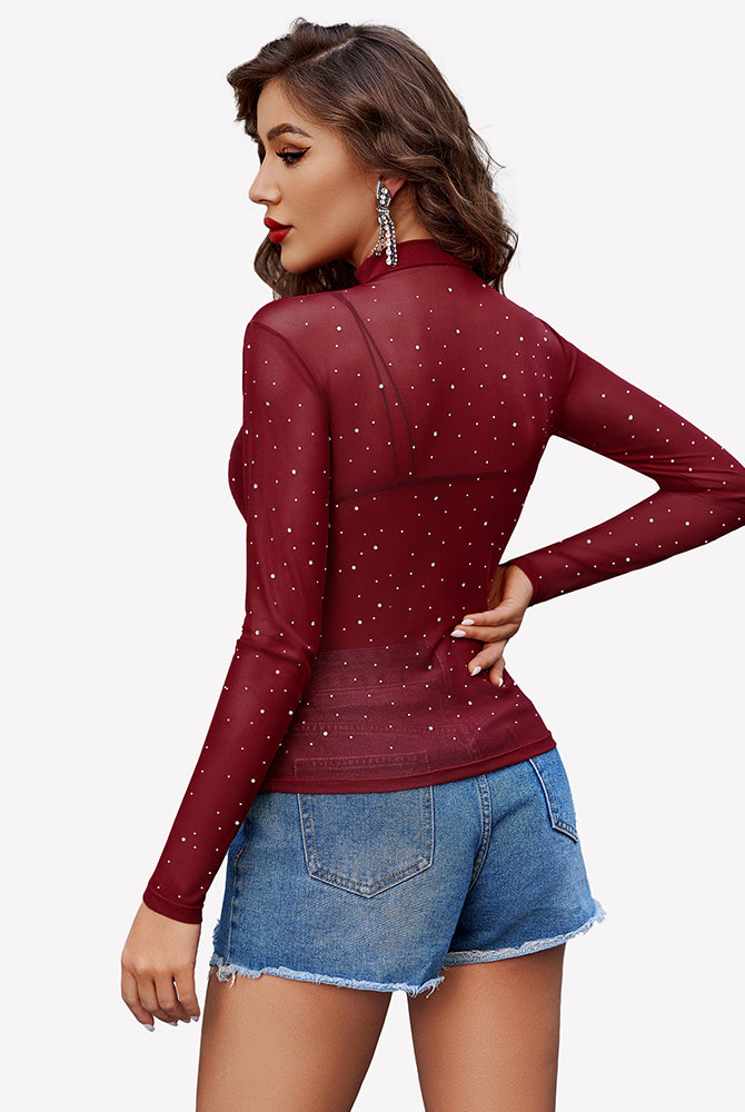Burgundy mesh rhinestone sheer top with long sleeves and denim shorts - party outfit