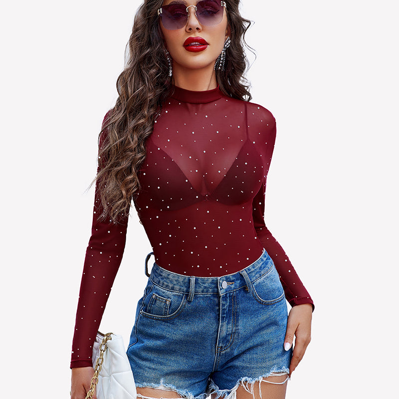 Burgundy mesh rhinestone sheer top, long sleeves, and denim shorts - party outfit