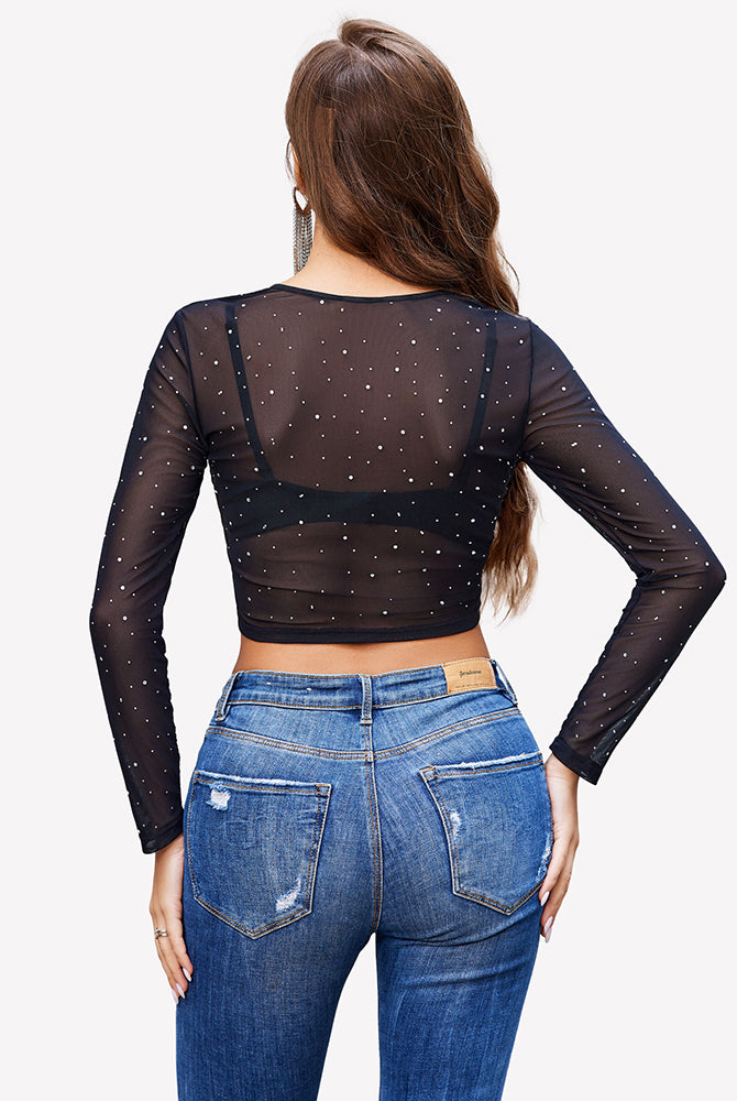 Black rhinestone mesh see through crop top with long sleeves. Sexy lingerie.