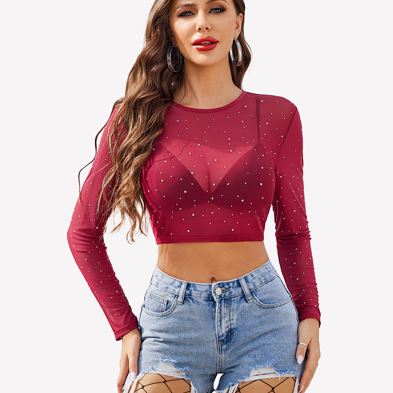 Burgundy rhinestone mesh see-through crop top with long sleeves and denim shorts. Sexy lingerie.